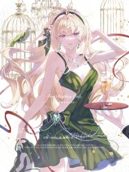  1other absurdres bird birdcage blonde_hair bow breasts cage champagne_flute chandelier character_request collarbone commission copyright_request cup dress drinking_glass earrings female green_bow green_hairband green_shoes hair_between_eyes hair_flip hair_over_shoulder hairband hairbow hand_up high_heels highres holding holding_shoes holding_unworn_clothes jewelry lachang_hetun long_hair mihuashi_commission necklace parrot parted_lips purple_eyes red_ribbon ribbon serving shoes sleeveless sleeveless_dress small_breasts solo_focus tray unworn_shoes watermark 