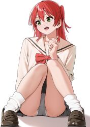  absurdres ankle_socks arm_at_side bocchi_the_rock! bow bow_panties brown_sailor_collar brown_shirt brown_shoes commentary_request crotch_seam double-parted_bangs female full_body green_eyes grey_panties grey_skirt hand_up highres kita_ikuyo knees_up loafers long_hair long_sleeves looking_to_the_side loose_socks magurotatakighn miniskirt one_side_up open_mouth panties penny_loafers picot_trim_panties polka_dot polka_dot_panties red_bow red_hair sailor_collar school_uniform serafuku shirt shoes shuka_high_school_uniform simple_background sitting skirt smile socks solo straight_hair underwear white_background white_socks 