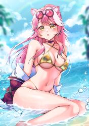  :o alternate_costume animal_ear_fluff animal_ears bikini breasts choker cleavage collarbone commentary_request criss-cross_halter day diamond-shaped_pupils diamond_(shape) eyewear_on_head female gold_bikini hair_between_eyes halterneck highres hololive hololive_english large_breasts long_hair looking_at_viewer mia_mikhail navel off_shoulder outdoors panther_ears pink-tinted_eyewear pink_hair purple_choker raora_panthera round_eyewear sitting solo stomach swimsuit symbol-shaped_pupils tinted_eyewear very_long_hair virtual_youtuber water yellow_eyes 