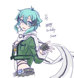  :d aqua_eyes aqua_hair armored_leotard asagi501 belt birthday_date black_belt black_gloves black_leotard black_shorts black_trim breasts character_name cleavage cropped_jacket cropped_torso double-parted_bangs female fingerless_gloves gloves green_jacket hair_between_eyes hair_ornament hairclip happy_birthday highleg highleg_leotard highres jacket leotard long_scarf medium_hair messy_hair multicolored_jacket multicolored_leotard open_clothes open_jacket open_mouth scarf shorts sidelocks simple_background sinon small_breasts smile solo sword_art_online two-tone_jacket two-tone_leotard white_background white_jacket white_leotard white_scarf 