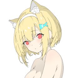  alternate_hair_color animal_ear_fluff animal_ears blonde_hair blunt_bangs blush breasts cat_ears cat_girl cleavage commentary_request extra_ears eyelashes eyes_visible_through_hair female fish_hair_ornament hair_between_eyes hair_ornament hairband heaven_burns_red highres kemonomimi_mode looking_at_viewer medium_breasts medium_hair nude ooshima_muua out-of-frame_censoring oyakodon451 parted_lips red_eyes sidelocks simple_background solo upper_body white_background white_hairband 