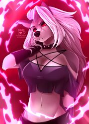  2025 absurd_res anthro arm_tuft black_bottomwear black_clothing black_crop_top black_gloves black_handwear black_shirt black_topwear bottomwear breasts canid canid_demon canine cleavage clothed clothed_anthro clothed_female clothing collar crop_top demon ear_piercing elbow_tuft eyebrow_piercing facial_piercing female fur gloves grey_body grey_fur hair half-length_portrait hand_on_neck handwear hellaverse hellhound helluva_boss hi_res long_hair loona_(helluva_boss) magic mammal midriff multicolored_body mythological_canine mythological_creature mythology navel notched_ear piercing portrait red_background red_sclera shirt simple_background solo spiked_collar spikes topwear tuft two_tone_body white_body white_eyes white_fur white_hair yoko_darkpaw 