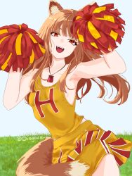  animal_ears breasts brown_hair cheerleader commentary diagada english_commentary female grass highres holding holding_pom_poms holo long_hair looking_at_viewer open_mouth pom_pom_(cheerleading) red_eyes shirt skirt small_breasts solo spice_and_wolf tail wolf_ears wolf_girl wolf_tail yellow_shirt yellow_skirt 