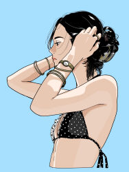  absurdres bikini black_hair blue_background bracelet breasts commentary_request cropped_torso female hair_bun hair_up highres jewelry polka_dot polka_dot_bikini ring sakamoto_giulietta simple_background small_breasts swimsuit upper_body watch wristwatch 