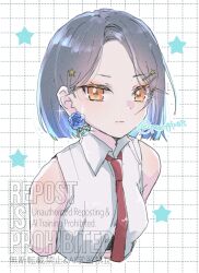  alternate_hair_length_(shorter) black_hair blue_flower blue_hair blue_rose blunt_ends breasts chako_(p4amg1208) closed_mouth collared_shirt commentary_request cropped_torso dot_nose earrings female flower flower_earrings gradient_hair great_yell_for_dreamers!_(project_sekai) grid_background hair_behind_ear hair_ornament hairclip highres jewelry looking_at_viewer medium_breasts multicolored_hair necktie official_alternate_costume official_alternate_hairstyle orange_eyes parallel_hairclips parted_hair project_sekai red_necktie rose shiraishi_an shirt short_hair simple_background sleeveless sleeveless_shirt solo star_(symbol) star_hair_ornament twitter_username two-tone_hair upper_body watermark white_shirt wing_collar 
