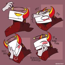  1:1 2024 2_horns 4_fingers ambiguous_gender anthro artist_name blep blush blush_lines breath brown_background bust_portrait closed_eyes closed_smile digital_drawing_(artwork) digital_media_(artwork) disembodied_hand dot_pupils duo empty_eyes english_text fingers flesh_fang flustered front_view fur halo head_horn headpat heart_symbol hi_res horn karma_(skykdotidot) male_(lore) mouth_closed pink_tongue portrait pupils red_body red_fur side_view simple_background skykdotidot slit_pupils smile snout solo_focus text tongue tongue_out unknown_species white_body white_eyes yellow_sclera 