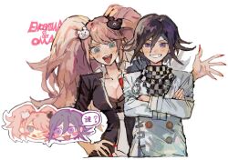  1boy bear_hair_ornament big_hair black_hair blonde_hair blue_eyes blush bow breasts character_name checkered_clothes checkered_scarf cleavage collarbone collared_shirt cropped_torso crossed_arms danganronpa:_trigger_happy_havoc danganronpa_(series) danganronpa_v3:_killing_harmony enoshima_junko eyelashes female flipped_hair grin hair_between_eyes hair_ornament jacket large_breasts lelouch09kyou long_hair long_sleeves looking_at_viewer nail_polish oma_kokichi open_mouth purple_eyes red_nails scarf shirt shirt_bow short_hair simple_background smile teeth tongue tongue_out twintails two-tone_scarf upper_body white_background 