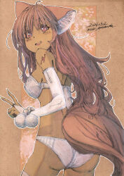  animal_ear_fluff animal_ears artist_name ass bra bridal_gauntlets brown_background brown_eyes brown_hair brown_sclera brown_tail colored_sclera commentary_request cowboy_shot dark-skinned_female dark_skin dated english_commentary female fluffy_tail fox_girl from_behind highres long_hair looking_at_viewer looking_back making-of_available meiz mixed-language_commentary original outline panties pom_pom_(clothes) signature solo standing traditional_media turning_head underwear underwear_only white_bra white_bridal_gauntlets white_outline white_panties 