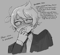  1boy akinashi_haru akinatsu_fan antenna_hair black_jacket blush character_name collared_shirt commentary cropped_torso dark_persona english_commentary english_text glasses jacket long_sleeves male_focus necktie open_mouth parted_bangs saihate_eki saliva shirt short_hair sidelocks smile solo sweat upper_body yandere 