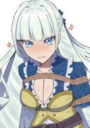  absurdres anger_vein angry arms_behind_back blue_eyes blush bodice bondage bondage bound bound_arms bound_breasts breasts buttons cleavage commentary_request cropped_torso double-breasted embarrassed green_hair hair_intakes half_updo highres kotou192 large_breasts long_hair looking_at_viewer parted_lips saint-germain_(symphogear) senki_zesshou_symphogear simple_background tri_tails upper_body v-shaped_eyebrows very_long_hair white_background 