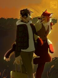  anthro biped bottomwear brown_body brown_bottomwear brown_clothing brown_ears brown_fur brown_pants canid canine canis closed_eyes clothed clothing collie cure_(nowheremotel) darwin's_fox day domestic_dog duo ethiopian_wolf fangs fox fur fur_markings grass hare_(nowheremotel) herding_dog hi_res holding_bag hoodie ibizan_hound looking_at_another mammal markings nowheremotel open_mouth open_smile orange_body orange_ears orange_fur outside pants pastoral_dog paws plant primitive_dog primitive_hunting_dog sheepdog smile smooth_collie south_american_fox tan_body tan_ears tan_fur teeth topwear watermark white_body white_clothing white_fur white_inner_ear 