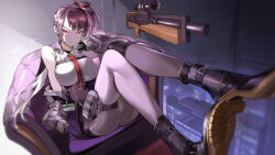  :/ armchair armpit_crease black_footwear black_gloves bluebeel2 boots breasts bullpup chair chest_strap cityscape commentary corset english_commentary female girls&#039;_frontline girls&#039;_frontline_2:_exilium gloves gun hair_ribbon head_tilt highres id_card indoors knee_pads large_breasts leg_focus legs long_hair looking_at_viewer makiatto_(girls&#039;_frontline_2) narrowed_eyes necktie night off_shoulder pantyhose pouch purple_corset purple_hair purple_pantyhose red_eyes red_necktie red_ribbon ribbon rifle shirt side_ponytail single_knee_pad sitting sleeveless sleeveless_shirt sniper_rifle solo thigh_pouch thigh_strap v-shaped_eyebrows very_long_hair wa2000_(girls&#039;_frontline) walther walther_wa_2000 weapon white_shirt window 