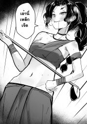  absurdres black_choker black_hair breasts character_request check_copyright choker commentary copyright_request golf_club highres holding holding_golf_club monochrome navel thai_clothes thai_commentary thai_text 