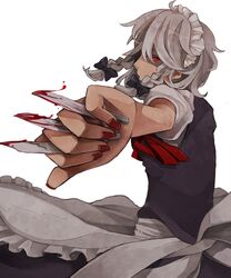  azya bad_id bad_pixiv_id blood braid female foreshortening hands izayoi_sakuya knife maid maid_headdress nail_polish profile red_eyes red_nails serious short_hair solo touhou twin_braids white_hair 