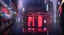  backlighting bag blurry city city_lights commentary_request dark depth_of_field female handbag kagumanikusu long_hair looking_at_viewer manhole neon_lights night original outdoors reflection road scenery sign solo_focus street twintails vanishing_point walking 