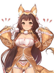  animal_costume animal_ears arms_up artist_name blush breasts brown_hair cleavage commentary_request cowboy_shot female fox_costume fox_ears fox_tail fur_collar jacket large_breasts long_hair looking_at_viewer pippin_(sennen_sensou_aigis) sennen_sensou_aigis smile solo strapless tail thighs tube_top underboob very_long_hair white_background wide_sleeves yaman yellow_eyes 