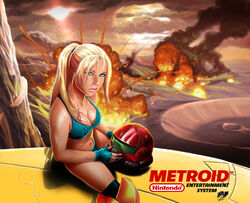  assault_visor bad_deviantart_id bad_id bikini blue_bikini blue_eyes breasts cleavage commentary english_commentary explosion female fingerless_gloves gloves green_visor helmet lips long_hair medium_breasts metroid metroid_(classic) navel nintendo nose over-kneehighs photoshop_(medium) power_suit_(metroid) revision samus_aran solo straddling strap_gap sweat swimsuit tekuho_no_habo thighhighs unworn_headwear unworn_helmet western_comics_(style) 