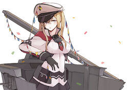  blonde_hair breasts capelet celtic_knot commentary_request enu_(roco_roco44) female gloves graf_zeppelin_(kancolle) grey_eyes hat kantai_collection large_breasts machinery miniskirt naval_flag peaked_cap photoshop_(medium) skirt solo twintails uniform 