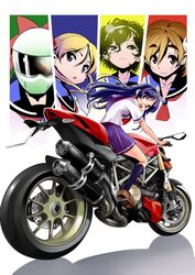  5girls amano_onsa bakuon!! bell black_hair blonde_hair blue_eyes blue_hair bow brown_eyes brown_hair column_lineup commentary_request curly_hair glasses green_eyes hair_bell hair_ornament hair_ribbon hairband helmet highres kawasaki_raimu lens_flare long_hair minowa_hijiri motor_vehicle motorcycle multiple_girls orimoto_mimana ribbon riding sakura_hane school_uniform serafuku short_hair skirt smile socks suzunoki_rin 