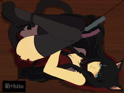  animal_ears astronotus black_hair blue_eyes cat_ears choker commentary_request copyright_request female fetal_position full_body long_hair plantar_flexion solo tail thighhighs 