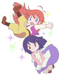  2girls apron blue_eyes brown_eyes brown_legwear chibi commentary_request cosplay dress falling flip_flappers gretel_(grimm) gretel_(grimm)_(cosplay) grimm&#039;s_fairy_tales hansel_(grimm) hansel_(grimm)_(cosplay) hansel_and_gretel ikuta_takanon kokomine_cocona long_hair looking_at_viewer multiple_girls orange_hair papika_(flip_flappers) patch purple_hair simple_background smile socks sparkle suspenders vest white_background 