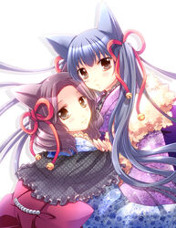  2girls bell blue_hair blush commentary_request hair_ornament jingle_bell long_hair multiple_girls open_mouth otome_youkai_zakuro purple_hair smile susukihotaru takitsume_shino zakuro_(otome_youkai_zakuro) 