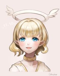  angel bad_id bad_twitter_id birthday blonde_hair blue_eyes blush choker dated female halo highres looking_at_viewer misty_sheikh pointy_ears pop-up_story short_hair signature simple_background smile solo umino_kiri yellow_choker 