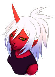  colored_skin commentary_request demon_girl female horns kneesocks_(psg) no_eyewear panty_&amp;_stocking_with_garterbelt photoshop_(medium) ponytail red_skin reituki single_horn solo upper_body white_hair yellow_eyes 