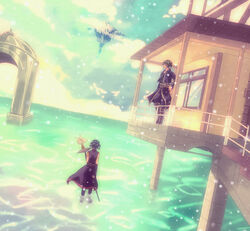  2boys black_hair commentary_request day floating_island hand_on_own_hip house miko_natsume multiple_boys outdoors pixiv_fantasia pixiv_fantasia_5 sky sleeveless staff stilt_house wading water weapon 