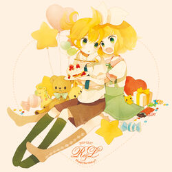  1boy argyle_clothes argyle_legwear bad_id bad_pixiv_id balloon bear brother_and_sister brown_legwear cake candy chocolate chocolate_bar feeding female food gift giraffe green_legwear heart heart_balloon hug hug_from_behind kagamine_len kagamine_rin kneehighs lollipop looking_at_another open_mouth pechika puffy_short_sleeves puffy_sleeves short_sleeves shorts siblings sitting socks star_(symbol) star_balloon stuffed_animal stuffed_giraffe stuffed_toy swirl_lollipop teddy_bear twins vocaloid 