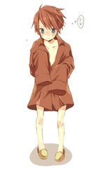  1boy aged_down bad_id bad_pixiv_id blue_eyes blush male_focus no_pants oversized_clothes red_hair ringo_komachi simple_background sleeves_past_fingers sleeves_past_wrists slippers solo standing umineko_no_naku_koro_ni ushiromiya_battler 