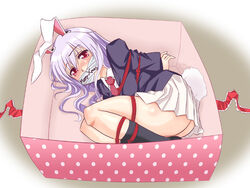  animal_ears arms_behind_back blazer blush bondage bondage bound box box_tie christmas commentary_request female gift in_box in_container jacket kairakuen_umenoka long_hair necktie purple_hair rabbit_ears rabbit_girl rabbit_tail red_eyes red_necktie reisen_udongein_inaba solo tail touhou 