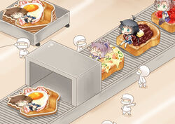  4girls ^_^ animal_ears anko_(food) antenna_hair aoba_(kancolle) aqua_eyes arms_up bacon bell_pepper bell_pepper_slice black_hair black_thighhighs blush bread bread_slice brown_hair cheese chibi closed_eyes commentary_request conveyor_belt egg egg_(food) empty_eyes excited factory flattened food fried_egg fried_egg_on_toast furutaka_(kancolle) green_eyes green_pepper grey_hair hair_ornament hairclip headgear hinata_yuu hood jam kako_(kancolle) kantai_collection kinugasa_(kancolle) long_hair low_ponytail mask multiple_girls objectification oerba_yun_fang open_mouth oversized_object partial_commentary pepper_(spice) photoshop_(medium) pizza_toast pleated_skirt purple_hair school_uniform serafuku short_hair short_sleeves single_thighhigh sitting sitting_on_food skirt strawberry_jam string_phone thighhighs toast transformation uniform 