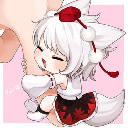  animal_ears bad_id bad_pixiv_id chibi closed_eyes dated detached_sleeves female finger_hug giant_hand gotou_(nekocat) hat highres inubashiri_momiji mini_person minigirl on_finger open_mouth ribbon-trimmed_sleeves ribbon_trim short_hair skirt solo tail tokin_hat touhou white_hair wolf_ears wolf_tail 