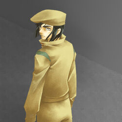  black_hair hat looking_back lowres male male_focus overseer_biel sentou_mecha_xabungle solo uniform 