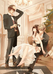  3boys absurdres bare_shoulders barefoot black_jacket black_necktie black_pants blonde_hair brown_hair chandelier choker christmas_ornaments christmas_tree closed_eyes collared_shirt commentary_request couch crossdressing curtains cushion dress feet flower foot_dangle formal fuuchouin_kazuki getbackers hand_on_own_forehead hand_on_own_head highres hirai_chika holding holding_removed_eyewear hug hug_from_behind indoors jacket kakei_juubei lens_flare light_smile long_dress long_hair long_sleeves looking_at_another looking_up male_focus multiple_boys necktie on_couch open_clothes open_jacket otoko_no_ko pants pillow ponytail reflection rose see-through shirt shoes sidelocks sitting sitting_on_lap sitting_on_person smile standing strapless strapless_dress suit sunglasses tassel tile_floor tiles tree unworn_eyewear uryuu_toshiki vest waistcoat white_dress white_shirt window yaoi 