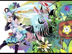  aqua_eyes aqua_hair black_thighhighs commentary_request detached_sleeves female flower hatsune_miku headphones highres letterboxed long_hair necktie one_eye_closed open_mouth skirt sleeves_past_wrists smile solo thighhighs tokino_hitonatsu twintails very_long_hair vocaloid wings zebra 