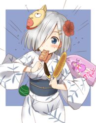  blue_eyes blush chocolate_banana commentary_request corn corn_cob crossover eating female flower food grey_hair hair_flower hair_ornament hair_over_one_eye hairclip hamakaze_(kancolle) ikayaki japanese_clothes kantai_collection kimono kinnikuman kinnikuman_(character) non_non_biyori shimouki_izui short_hair simple_background solo squid water_balloon yukata 