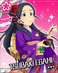  black_eyes black_hair bowl card_(medium) character_name chopsticks eating egami_tsubaki female floral_print flower flower_(symbol) flying_sweatdrops food furisode hair_flower hair_ornament idolmaster idolmaster_cinderella_girls japanese_clothes jpeg_artifacts kimono long_hair mochi mochi_trail new_year obi official_art pink_background purple_kimono sash shiruko_(food) solo sweatdrop wagashi 