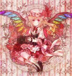  album_cover bad_id bad_pixiv_id blonde_hair commentary_request concertina corset cover female flandre_scarlet floating_cloud flower hat instrument neme ponytail red_eyes shoes short_hair side_ponytail smile solo touhou wings 