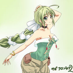  bare_shoulders blush braid breasts cleavage collarbone commentary_request female green_eyes green_hair long_hair looking_at_viewer medium_breasts multi-tied_hair nayuta_(bamiras1105) ribbon saga saga_frontier_2 shorts single_braid smile solo translation_request virginia_knights 