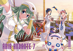  3girls aika_granzchesta alice_carroll aria_(manga) aria_company_uniform aria_pokoteng beret blouse blue_eyes blue_hair clothing_cutout commentary_request dress fingerless_gloves gloves green_eyes green_hair hat hime_granzchesta himeya_company_uniform long_dress long_hair mizunashi_akari multiple_girls orange_planet_uniform photo_background photoshop_(medium) pier pink_hair pnhikaru president_maa sailor_collar shirt short_hair short_sleeves side_slit single_glove uniform water white_dress white_shirt yellow_eyes 