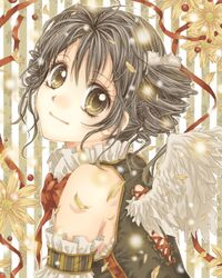  alternate_costume angel_wings bad_id bad_pixiv_id bare_shoulders black_hair drill_hair ena1215 female flower frills full_moon_wo_sagashite head_tilt kouyama_mitsuki petals short_hair smile solo striped striped_background upper_body wings yellow_eyes 