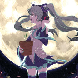  aqua_hair closed_eyes commentary_request crying detached_sleeves female full_moon hatsune_miku headphones hello_planet_(vocaloid) long_hair mattie moon plant potted_plant solo tears thighhighs torn_clothes twintails vocaloid 