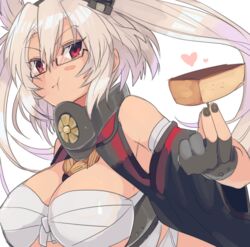  :t bare_shoulders between_breasts black_gloves black_nails blush_stickers breasts budget_sarashi cake castella_(food) chest_sarashi collar commentary_request dark-skinned_female dark_skin dodoria367 eating female fingerless_gloves fingernails food glasses gloves grey_hair kantai_collection musashi_(kancolle) nail_polish one-hour_drawing_challenge pointy_hair red_eyes sakuramon sarashi solo 