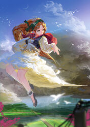  ankle_cuffs bird brown_hair capelet cloud cloudy_sky commentary_request crescent_moon female field flying green_eyes green_hairband hairband karasu-san_(syh3iua83) landscape long_hair moon original outdoors personification photoshop_(medium) plantar_flexion power_lines rain road scenery skirt sky solo utility_pole wind wrist_flexed 