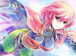  bracelet breasts cape cleavage commentary_request ein_(long_cake) female holding holding_sword holding_weapon jewelry katrina_(romancing_saga) large_breasts medium_breasts photoshop_(medium) purple_hair rapier romancing_saga romancing_saga_3 saga short_hair smile solo sword thighhighs weapon 