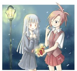  2girls aisaka_sayo asakura_kazumi blunt_bangs christmas commentary_request gift holding holding_gift lamppost long_hair mahora_academy_middle_school_uniform mahou_sensei_negima! multiple_girls necktie rate_rapiku red_eyes red_hair school_uniform serafuku snow white_hair 