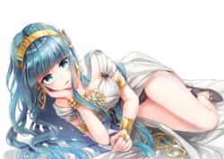  amulet ankle_garter aqua_eyes aqua_gemstone aqua_hair arm_support armlet bad_id bad_pixiv_id bare_legs bare_shoulders black_panties blunt_bangs bracelet breasts cleopatra_(fate) cleopatra_(third_ascension)_(fate) commentary curled_up dress earrings eyelashes eyeliner eyes_visible_through_hair fate/grand_order fate_(series) female full_body glint hairband hand_on_own_cheek hand_on_own_face hane_yuki head_rest high_heels hoop_earrings jewelry large_breasts light_particles long_hair looking_at_viewer lying makeup mascara midriff_peek necklace on_side open_clothes open_dress panties pantyshot ring shoes simple_background smile solo strapless strapless_dress underwear very_long_hair wavy_hair white_background wrist_cuffs 