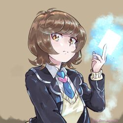  250en_remon blue_necktie brown_hair card commentary_request female glowing heart holding holding_card looking_at_viewer looking_down necktie school_uniform shirt short_hair signature solo sweater torso twitter_username upper_body white_shirt yellow_eyes yu-gi-oh! yu-gi-oh!_vrains zaizen_aoi 